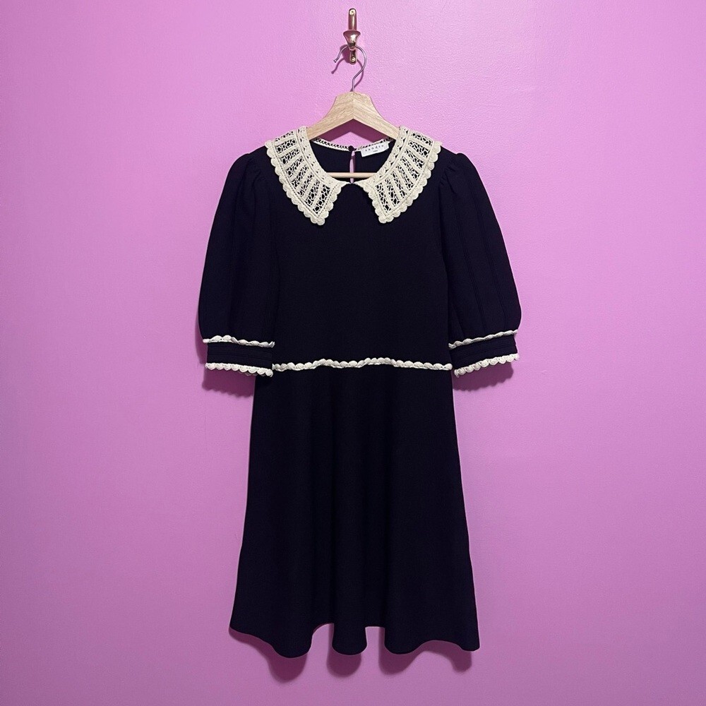 Sandro Dress Women's Size 40 FR Black Knit Collar Crochet Lace A-Line Skirt - Picture 2 of 14